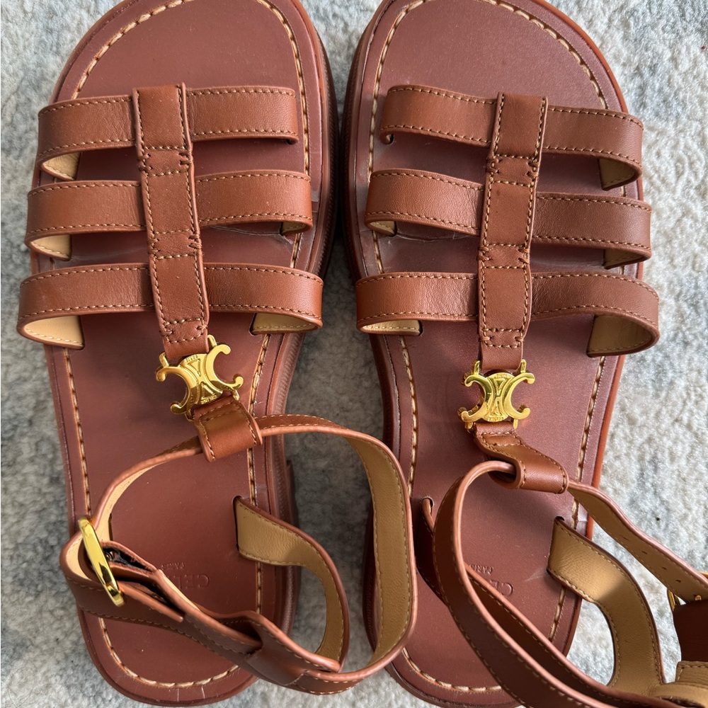 Celine CLEA TRIOMPHE Gladiator Leather Sandals with Gold Details - Picture 2 of 3